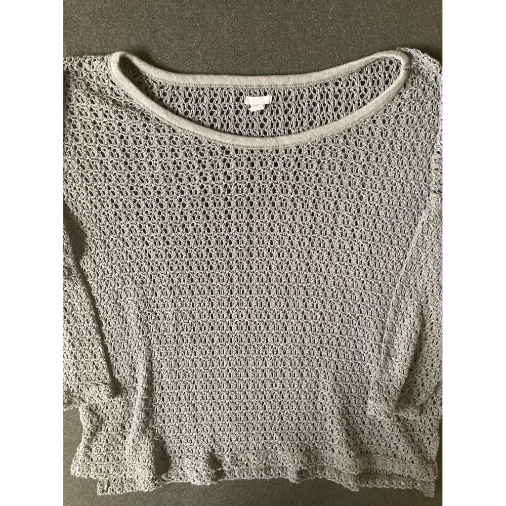 Aerie Grey Open Knit Crochet Sweater Womens Large 3/4 Sleeve Scoop Neck Boxy L
